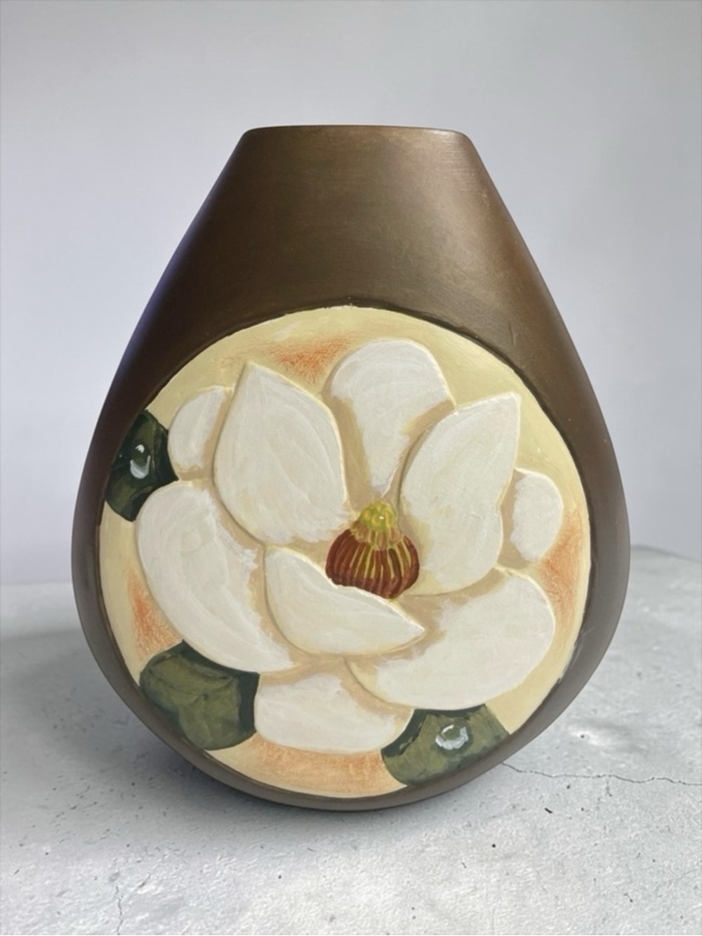 Hand Carved and Painted Magnolia flower vase by a retired Sailor age 85 from GA